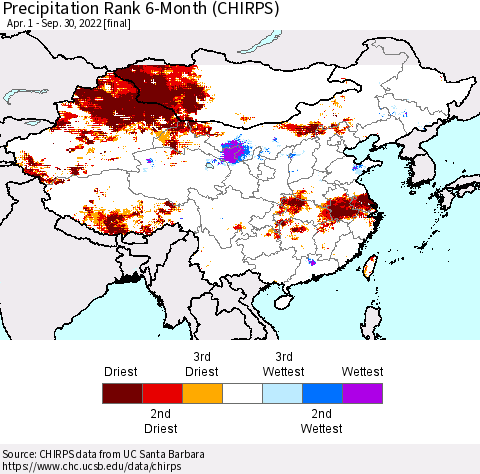 China, Mongolia and Taiwan Precipitation Rank since 1981, 6-Month (CHIRPS) Thematic Map For 4/1/2022 - 9/30/2022