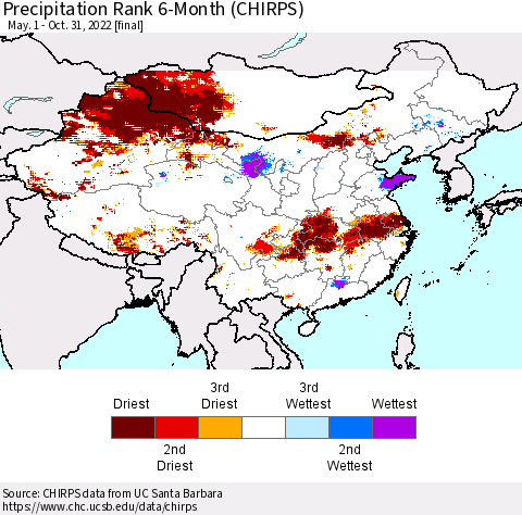 China, Mongolia and Taiwan Precipitation Rank since 1981, 6-Month (CHIRPS) Thematic Map For 5/1/2022 - 10/31/2022