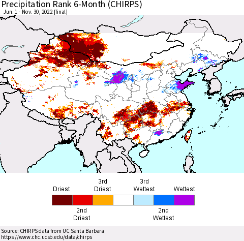 China, Mongolia and Taiwan Precipitation Rank since 1981, 6-Month (CHIRPS) Thematic Map For 6/1/2022 - 11/30/2022