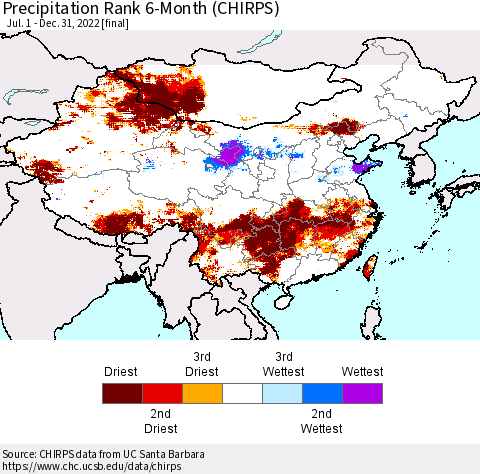 China, Mongolia and Taiwan Precipitation Rank since 1981, 6-Month (CHIRPS) Thematic Map For 7/1/2022 - 12/31/2022