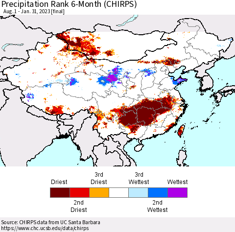 China, Mongolia and Taiwan Precipitation Rank since 1981, 6-Month (CHIRPS) Thematic Map For 8/1/2022 - 1/31/2023