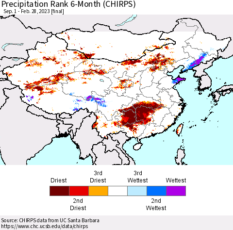 China, Mongolia and Taiwan Precipitation Rank since 1981, 6-Month (CHIRPS) Thematic Map For 9/1/2022 - 2/28/2023