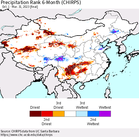 China, Mongolia and Taiwan Precipitation Rank since 1981, 6-Month (CHIRPS) Thematic Map For 10/1/2022 - 3/31/2023