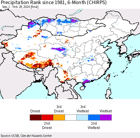 China, Mongolia and Taiwan Precipitation Rank since 1981, 6-Month (CHIRPS) Thematic Map For 9/1/2023 - 2/29/2024