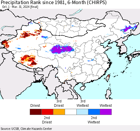 China, Mongolia and Taiwan Precipitation Rank since 1981, 6-Month (CHIRPS) Thematic Map For 10/1/2023 - 3/31/2024