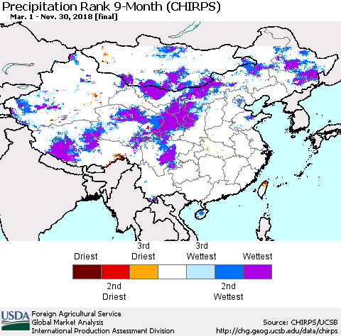 China, Mongolia and Taiwan Precipitation Rank since 1981, 9-Month (CHIRPS) Thematic Map For 3/1/2018 - 11/30/2018