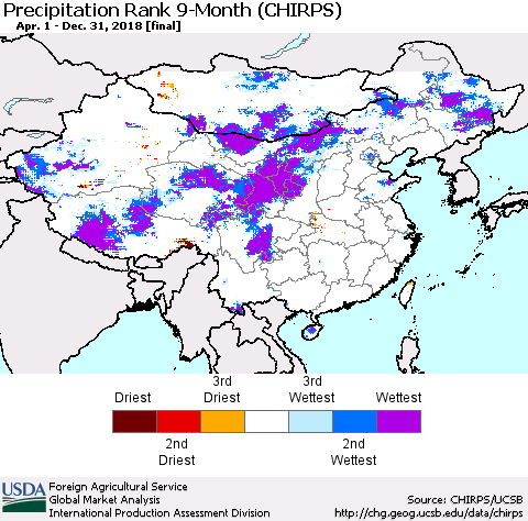 China, Mongolia and Taiwan Precipitation Rank since 1981, 9-Month (CHIRPS) Thematic Map For 4/1/2018 - 12/31/2018