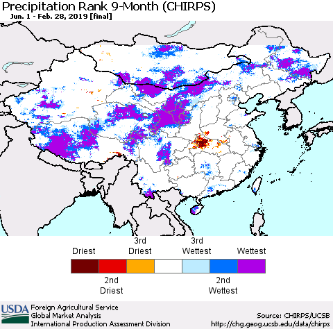 China, Mongolia and Taiwan Precipitation Rank since 1981, 9-Month (CHIRPS) Thematic Map For 6/1/2018 - 2/28/2019