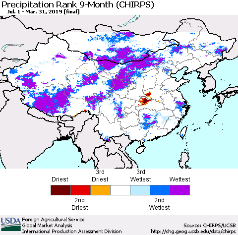 China, Mongolia and Taiwan Precipitation Rank since 1981, 9-Month (CHIRPS) Thematic Map For 7/1/2018 - 3/31/2019