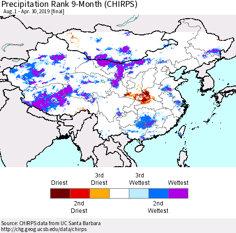 China, Mongolia and Taiwan Precipitation Rank since 1981, 9-Month (CHIRPS) Thematic Map For 8/1/2018 - 4/30/2019