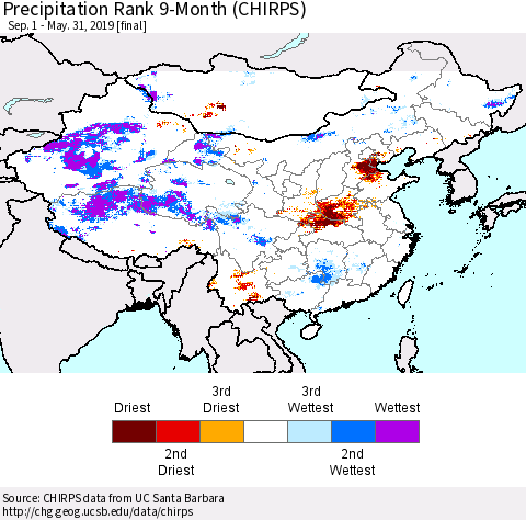 China and Taiwan Precipitation Rank 9-Month (CHIRPS) Thematic Map For 9/1/2018 - 5/31/2019