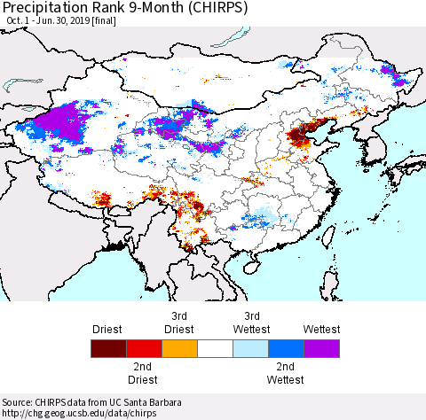 China, Mongolia and Taiwan Precipitation Rank since 1981, 9-Month (CHIRPS) Thematic Map For 10/1/2018 - 6/30/2019