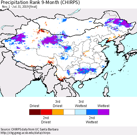 China and Taiwan Precipitation Rank 9-Month (CHIRPS) Thematic Map For 11/1/2018 - 7/31/2019