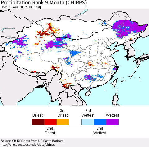 China and Taiwan Precipitation Rank 9-Month (CHIRPS) Thematic Map For 12/1/2018 - 8/31/2019
