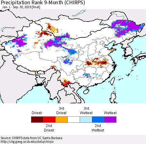 China, Mongolia and Taiwan Precipitation Rank since 1981, 9-Month (CHIRPS) Thematic Map For 1/1/2019 - 9/30/2019