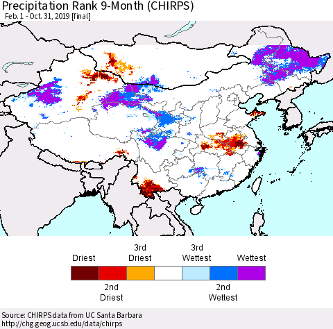 China, Mongolia and Taiwan Precipitation Rank since 1981, 9-Month (CHIRPS) Thematic Map For 2/1/2019 - 10/31/2019
