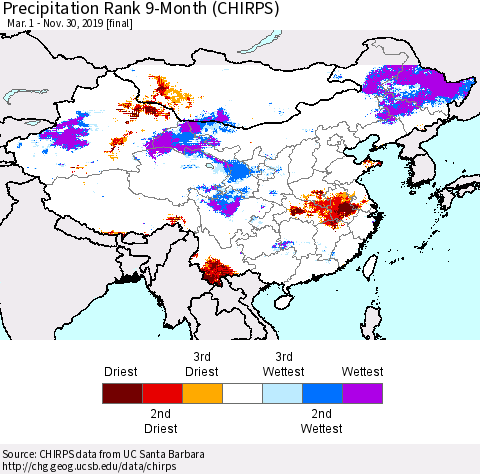 China and Taiwan Precipitation Rank 9-Month (CHIRPS) Thematic Map For 3/1/2019 - 11/30/2019