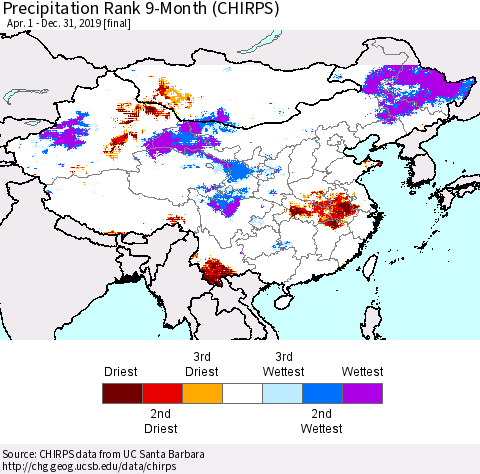 China and Taiwan Precipitation Rank 9-Month (CHIRPS) Thematic Map For 4/1/2019 - 12/31/2019