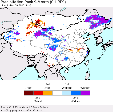 China and Taiwan Precipitation Rank 9-Month (CHIRPS) Thematic Map For 6/1/2019 - 2/29/2020