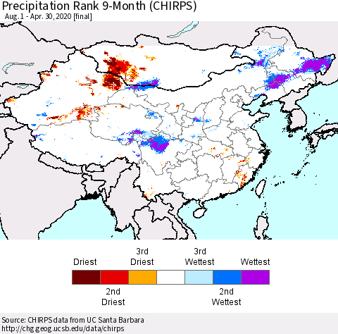 China and Taiwan Precipitation Rank 9-Month (CHIRPS) Thematic Map For 8/1/2019 - 4/30/2020