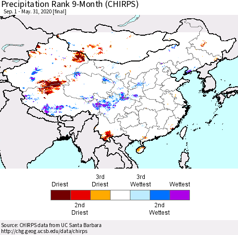 China, Mongolia and Taiwan Precipitation Rank since 1981, 9-Month (CHIRPS) Thematic Map For 9/1/2019 - 5/31/2020