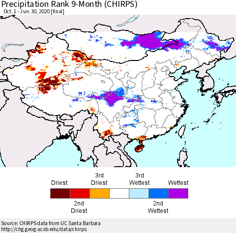 China and Taiwan Precipitation Rank 9-Month (CHIRPS) Thematic Map For 10/1/2019 - 6/30/2020