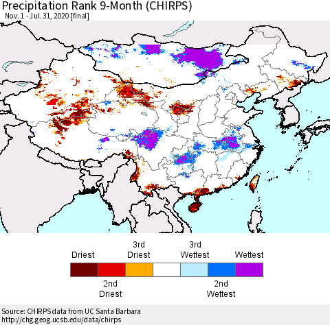 China, Mongolia and Taiwan Precipitation Rank since 1981, 9-Month (CHIRPS) Thematic Map For 11/1/2019 - 7/31/2020