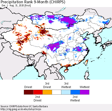 China, Mongolia and Taiwan Precipitation Rank since 1981, 9-Month (CHIRPS) Thematic Map For 12/1/2019 - 8/31/2020