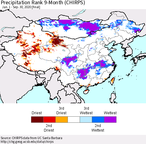 China, Mongolia and Taiwan Precipitation Rank since 1981, 9-Month (CHIRPS) Thematic Map For 1/1/2020 - 9/30/2020