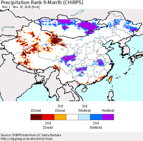China, Mongolia and Taiwan Precipitation Rank since 1981, 9-Month (CHIRPS) Thematic Map For 3/1/2020 - 11/30/2020