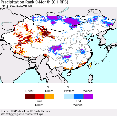 China, Mongolia and Taiwan Precipitation Rank since 1981, 9-Month (CHIRPS) Thematic Map For 4/1/2020 - 12/31/2020