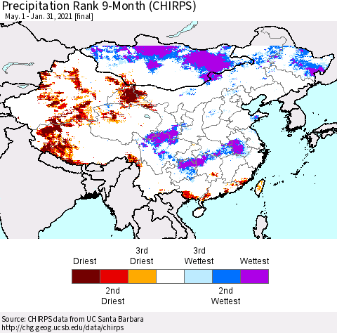China, Mongolia and Taiwan Precipitation Rank since 1981, 9-Month (CHIRPS) Thematic Map For 5/1/2020 - 1/31/2021