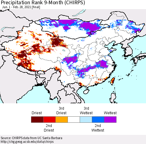 China, Mongolia and Taiwan Precipitation Rank since 1981, 9-Month (CHIRPS) Thematic Map For 6/1/2020 - 2/28/2021