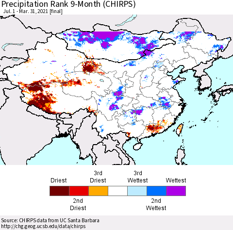 China, Mongolia and Taiwan Precipitation Rank since 1981, 9-Month (CHIRPS) Thematic Map For 7/1/2020 - 3/31/2021
