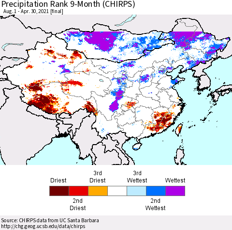 China, Mongolia and Taiwan Precipitation Rank since 1981, 9-Month (CHIRPS) Thematic Map For 8/1/2020 - 4/30/2021