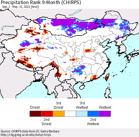 China, Mongolia and Taiwan Precipitation Rank since 1981, 9-Month (CHIRPS) Thematic Map For 9/1/2020 - 5/31/2021