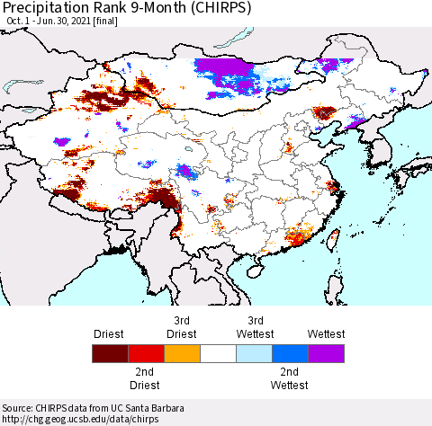 China, Mongolia and Taiwan Precipitation Rank since 1981, 9-Month (CHIRPS) Thematic Map For 10/1/2020 - 6/30/2021