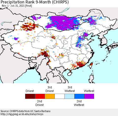 China, Mongolia and Taiwan Precipitation Rank since 1981, 9-Month (CHIRPS) Thematic Map For 11/1/2020 - 7/31/2021