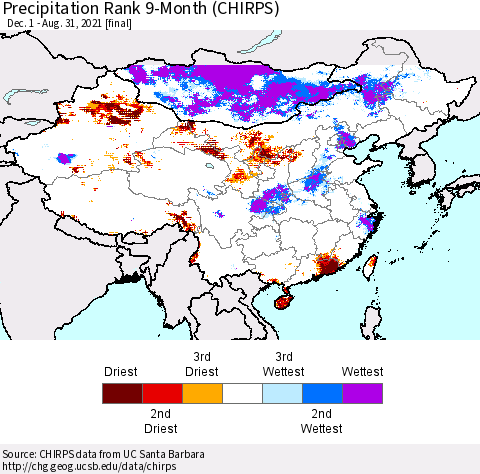 China, Mongolia and Taiwan Precipitation Rank since 1981, 9-Month (CHIRPS) Thematic Map For 12/1/2020 - 8/31/2021