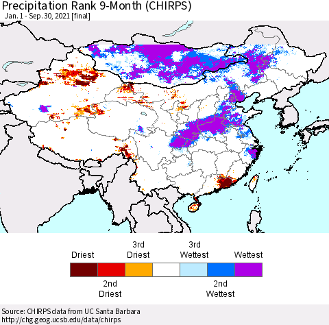 China, Mongolia and Taiwan Precipitation Rank since 1981, 9-Month (CHIRPS) Thematic Map For 1/1/2021 - 9/30/2021