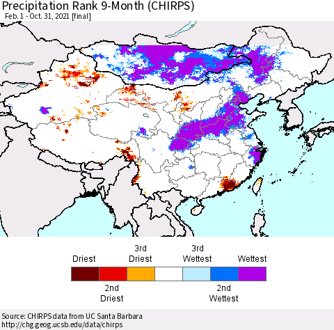 China, Mongolia and Taiwan Precipitation Rank since 1981, 9-Month (CHIRPS) Thematic Map For 2/1/2021 - 10/31/2021