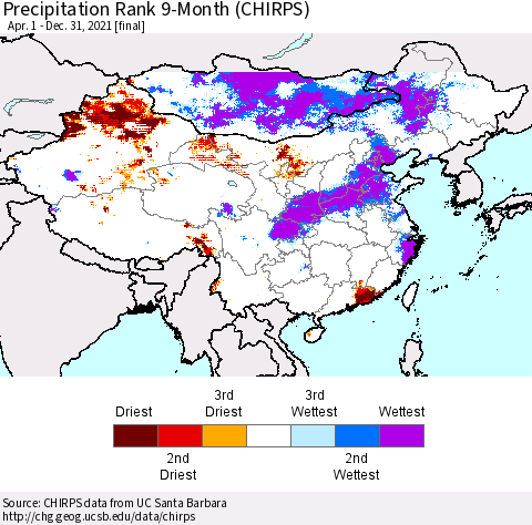 China, Mongolia and Taiwan Precipitation Rank since 1981, 9-Month (CHIRPS) Thematic Map For 4/1/2021 - 12/31/2021