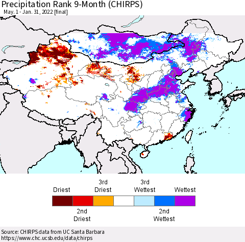 China, Mongolia and Taiwan Precipitation Rank since 1981, 9-Month (CHIRPS) Thematic Map For 5/1/2021 - 1/31/2022