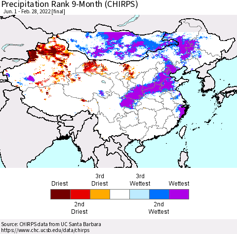China, Mongolia and Taiwan Precipitation Rank since 1981, 9-Month (CHIRPS) Thematic Map For 6/1/2021 - 2/28/2022