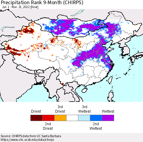 China, Mongolia and Taiwan Precipitation Rank since 1981, 9-Month (CHIRPS) Thematic Map For 7/1/2021 - 3/31/2022