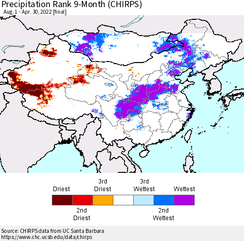 China, Mongolia and Taiwan Precipitation Rank since 1981, 9-Month (CHIRPS) Thematic Map For 8/1/2021 - 4/30/2022
