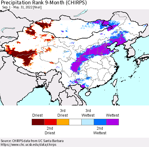 China, Mongolia and Taiwan Precipitation Rank since 1981, 9-Month (CHIRPS) Thematic Map For 9/1/2021 - 5/31/2022