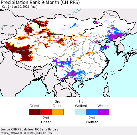 China, Mongolia and Taiwan Precipitation Rank since 1981, 9-Month (CHIRPS) Thematic Map For 10/1/2021 - 6/30/2022