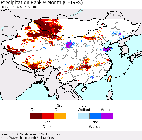 China, Mongolia and Taiwan Precipitation Rank since 1981, 9-Month (CHIRPS) Thematic Map For 3/1/2022 - 11/30/2022