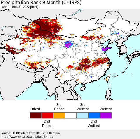 China, Mongolia and Taiwan Precipitation Rank since 1981, 9-Month (CHIRPS) Thematic Map For 4/1/2022 - 12/31/2022
